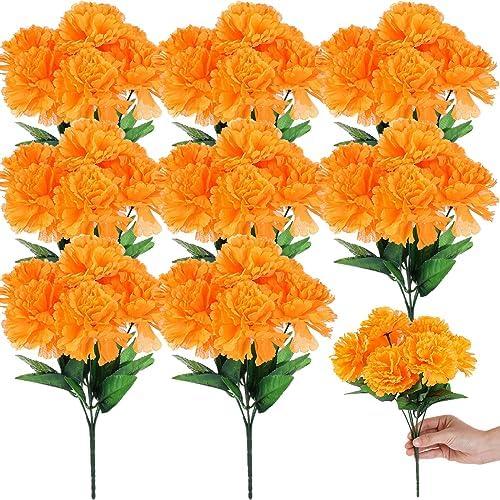 Tigeen 7 Bundles Marigold Flowers Bulk Day of The Dead Artificial Faux Flower with Stem Dia De Los Muertos Decorations for Halloween Diwali Garland Wreath Wedding Party Home(Orange)