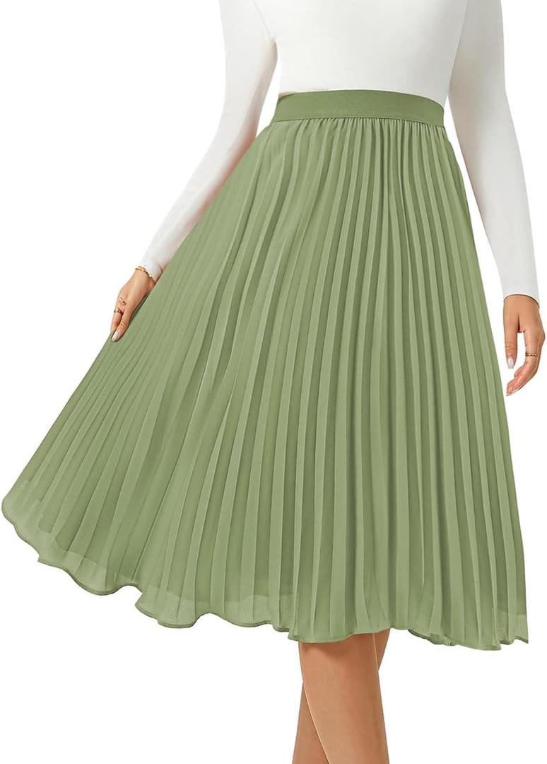 Women's Midi Skirt Elastic High Waist Pleated Skirt Knee Length Swing A-Line Casual Flowy Skirts 2025 Green, L