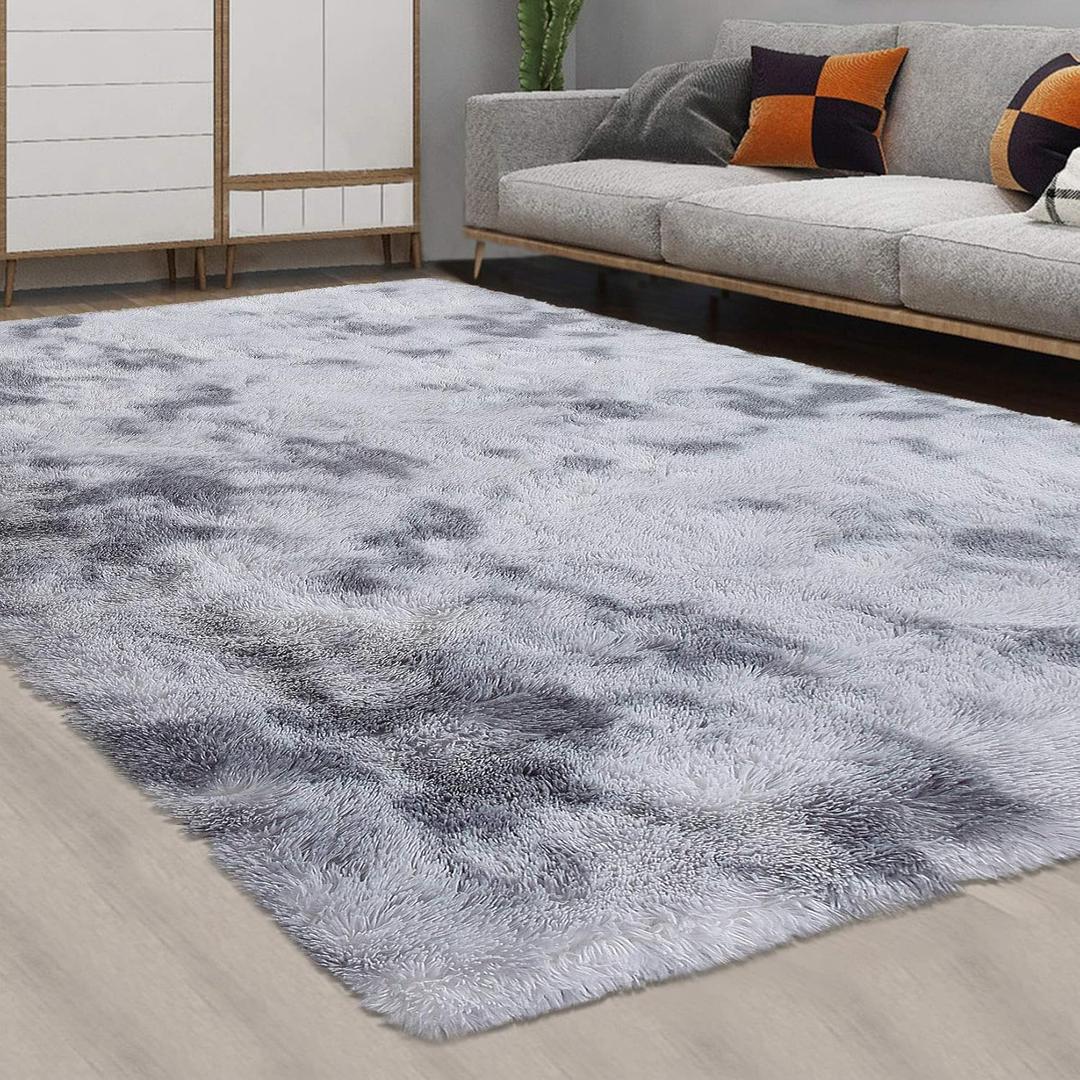 CAROMIO 10x13 Fluffy Area Rugs for Living Room Large Plush and Thick Shag Rug Non-Slip Non-Shedding Tie Dye Accent Rug Carpet for Bedroom, Faux Fur Fuzzy Shaggy Rugs for Kids Dorm, Light Grey