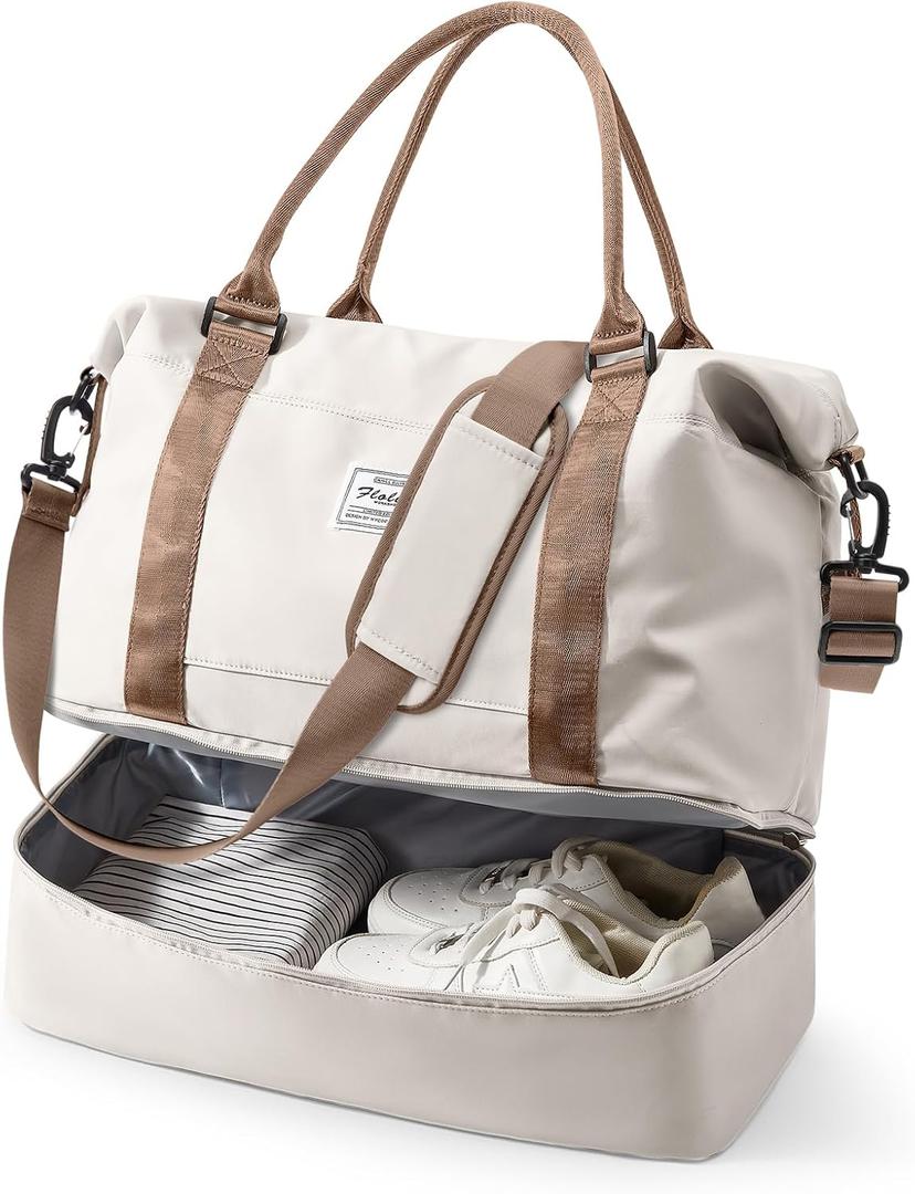 Travel Duffel Bag, 18x14x8 Inches Travel Bag Spirit with Shoes Compartment, Weekender Overnight Bag for Women with Trolley Sleeve, Carry On Bag for Airplanes Sport Tote Gym Bag BeigeBrown (Large)