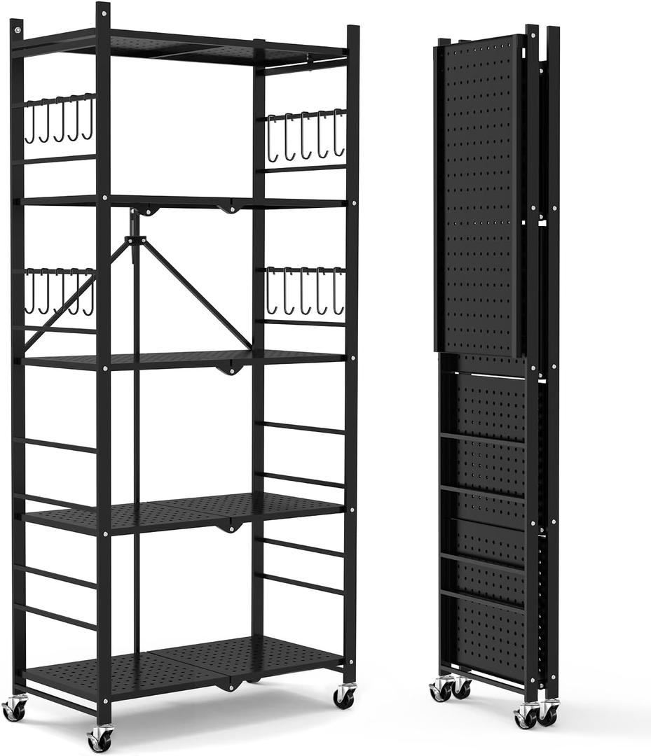 Himix Storage Shelves with 20 Hooks, 5-Tier Collapsible Organization Storage Rack Bookshelf Folding Pantry Shelves Cube Shelf Wire Shelving Holds 440 Ibs for Garage Kitchen Room (Black)