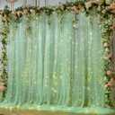 10x8ft Olive Green Tulle Backdrop Curtain with Lights String for Parites, Sheer Photo Backdrop Curtains for Easter Wedding Baby Shower Birthday Party Photo Shoot Decorations (10ft x 8ft(2 Panels 5*8ft))