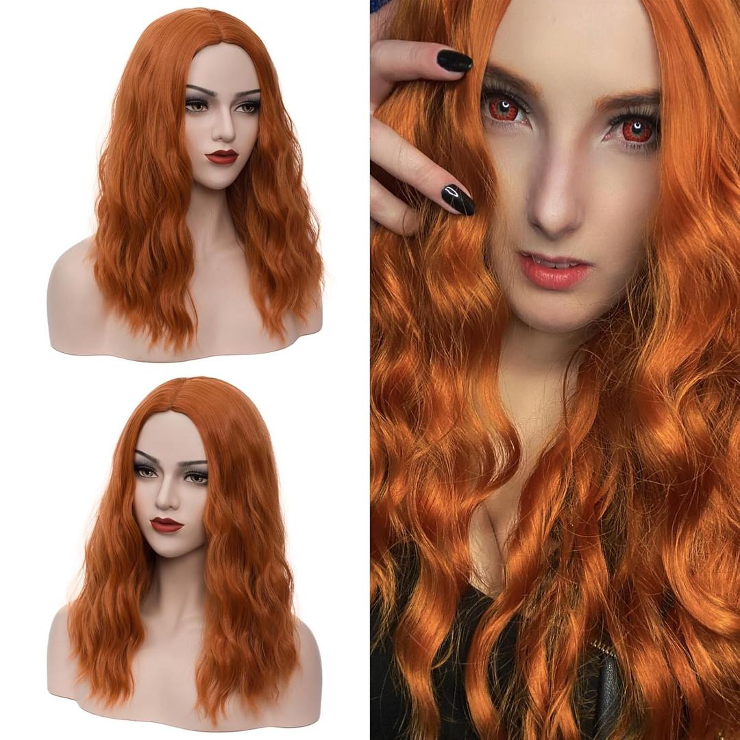 18" Long Orange Curly Wavy Wig For Women Heat Resistant Fiber Wigs Halloween Cosplay Daily Party+Cap (Orange)