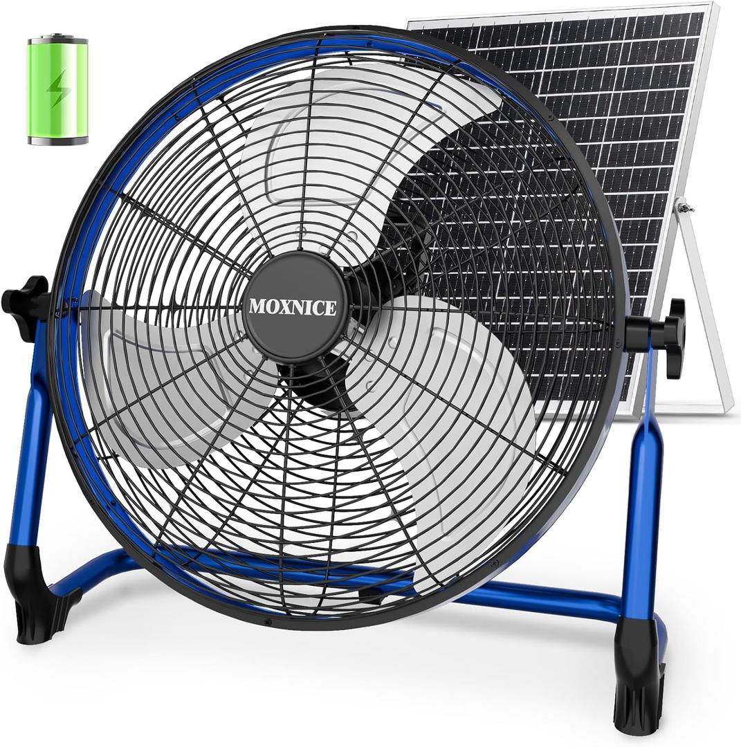 20" Solar Fan, 40W Solar Powered Fan with Metal Blade & Quiet Brushless Motor, Floor Fan for Home Garage Greenhouse Camping, 8-60H Runtime, USB Charging, Blue 20" Fan L