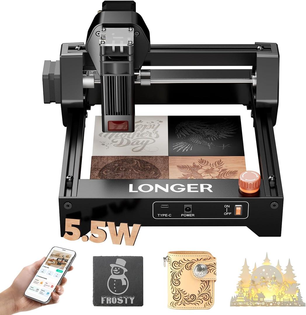 LONGER Ray5 Laser Engraver, 5500mW Portable Laser Engraver & Cutter, 12000mm/min High-Speed, for Wood, Acrylic, Glass & Leather, Ideal for Small Business & DIY, 130x130mm Working Area