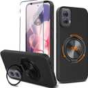 Compatible for Motorola Moto G Power 5G 2024 Phone Case with Glass Screen Protector, 360 Rotatable Ring Holder Kickstand Silicone Shockproof Protective Cover Case for Moto G Power 5G 2024 - Black