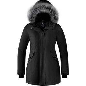 wantdo Women's Winter Coat Waterproof Puffer Jacket Thicken Parka with Fur Hood (Black, M)