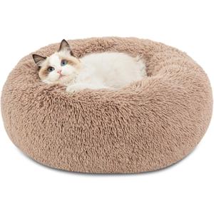 Bedsure Calming Cat Beds for Indoor Cats - Small Cat Bed Washable 20 inches, Anti-Slip Round Fluffy Plush Faux Fur Pet Bed, Fits up to 15 lbs Pets, Camel