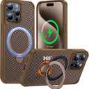 FlyReal Designed for iPhone 15 Pro Case with 360 Magnetic Stand, Carbon Fiber Phone Case [Compatible with Magsafe] [16FT Military Protection] with Rotatable Ring Stand 6.1'', Desert Titanium