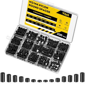 Vibit 330 Pcs M3/M4 Nylon Spacers for Screws, ID 3 mm/4 mm & OD 7 mm, 10 Lengths  2 mm 3 mm 5 mm 8 mm 10 mm 12 mm 15 mm, Non-Threaded Plastic Spacers, Nylon Round Spacers for M3 M4 Screws, Black