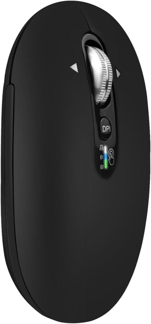 Multi-Device Bluetooth Mouse (BT1/BT2 + 2.4G), Small Slim Travel Mouse, 4-Way Metal Scroll Wheel, Silent Click, 4-Levels Adjustable DPI, for Laptop Tablet iPadOS Mac (Black)