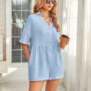 Alealiy Kikibell Women Summer Shorts Romper Button Down Wide Leg Cotton Shortalls Jumpsuit Rompers with Pockets (Blue, XL)