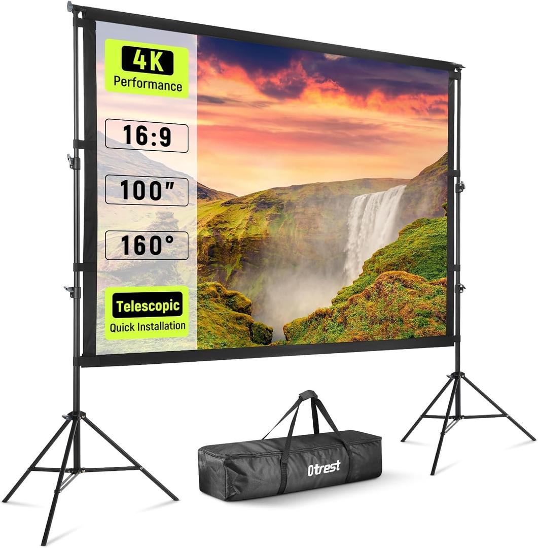 100 Projector Screen with Stand, Wrinkle Free Polyester 16:9 4K HD Rear Front Movie Screen with Sandbags, Indoor Outdoor Portable Telescopic Projection Screen for Home Theater, Outdoor Movie
