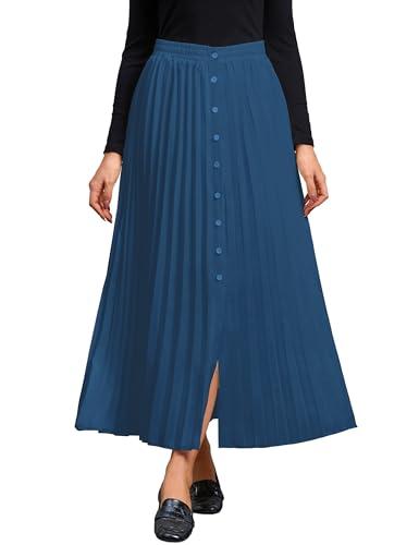MAKABO Women's Maxi A Line Skirt with Slit Summer, Vintage Elegant Pleated Long Skirt Prussian Blue Outfits for Date Night, S