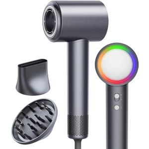 16W RPM High-Speed Hair Dryer for Fast Drying, Quiet lonic Blow Dryer with Frizz Control & No Heat Damage, Lightweight Travel Hair Dryer with Magnetic Nozzles for Curly & Straight Hair (Gray)