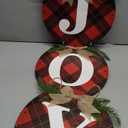 Buffalo Check Plaid Christmas Wreaths for Front Door - 3pcs 12" Rustic Burlap Wooden Xmas Decor Hanging Joy Door Signs Wreaths with LED Lights for Door Wall Holiday Xmas Decorations Indoor Outdoor (Warm Red)