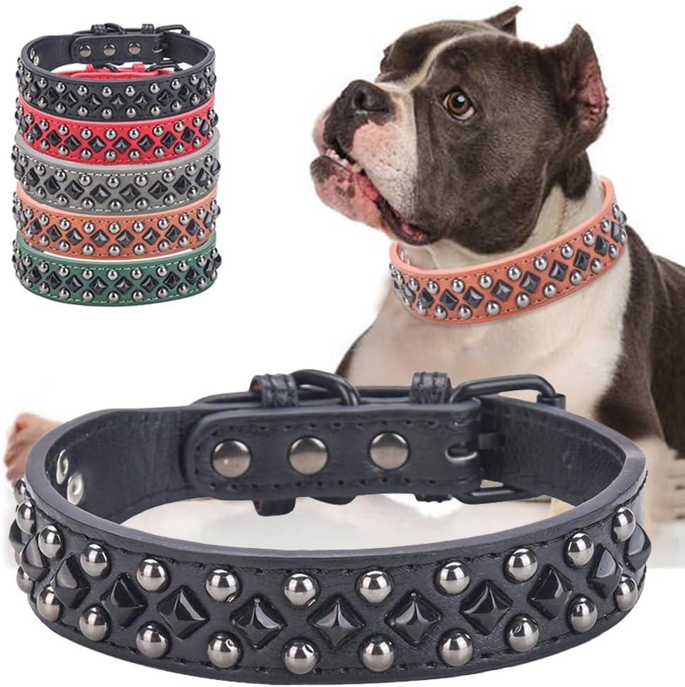 Stylish PU Leather Dog Collar with Alloy Buckle, Black Diamond Rivets, Adjustable, Durable for Small, Medium, Large Dogs - Black M (Medium (Pack of 1))