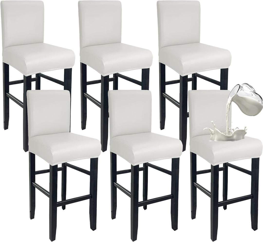 PU Leather Bar Stool Covers with Backs 100% Waterproof Bar Stools Covers Set of 6, Removable Stretch Barstool Slipcovers for Pub Cafe Dining Room (Cream)