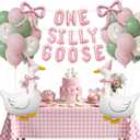 One Silly Goose 1st Birthday Table Decorations Girl Goose Balloons with Pink Bow, ONE SILLY GOOSE Foil Banner & Gingham Tablecloth, Cute Baby Girl Birthday Party Decor