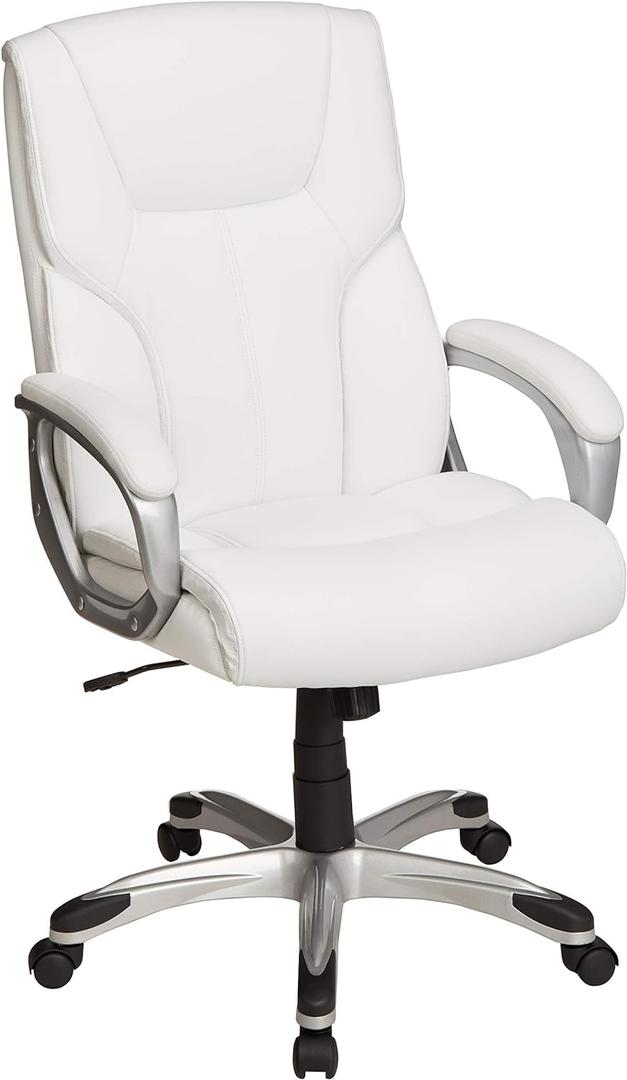 Executive Home Office Desk Chair with Padded Armrests, Adjustable Height and Tilt, Rolling Swivel Chair, 275 Pound Capacity, White and Pewter