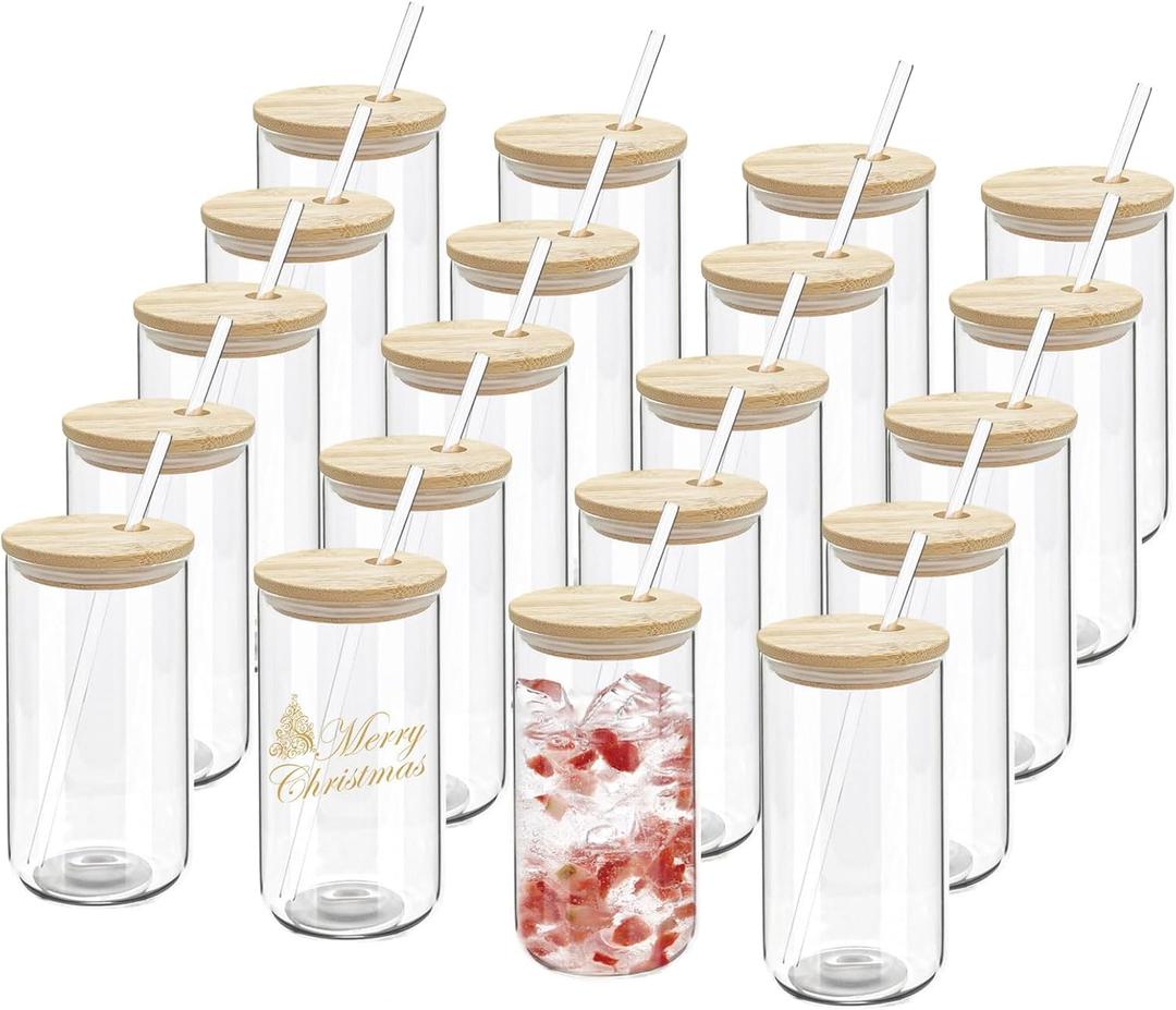 20 Pack Drinking Glass Cups with Bamboo Lids and Glass Straws 16oz Iced Coffee Cups Clear Glass Tumblers Can Shaped Drinking Beer Glasses Cute Cups for Tea, Smoothie, Whiskey, Soda, Gift