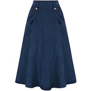Belle Poque Women's Denim Skirts Vintage Elastic High Waist A-Line Long Maxi Jean Skirts with Pockets, Size 2XL
