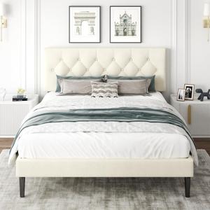 Queen Size Platform Bed Frame with Upholstered Headboard, Button Tufted Design, Strong Wooden Slats, No Box Spring Needed, Easy Assembly, Noise Free (Beige)