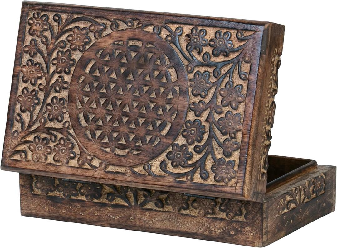 Handcrafted Wooden Keepsake Box  Flower of Life Engraved Memory Box with Lid  Crystal Storage, Jewelry & Trinket Organizer - Gift box for Jewelry