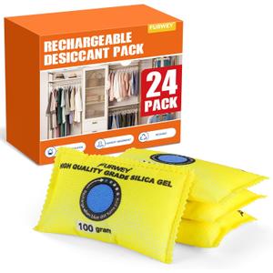 FURWEY 100g (24 Packs) Rechargeable Desiccant Packs for Storage, Color Indicating Silica Gel Desiccant Packets, Moisture absorbers for storage,Dehumidifier bag for Closets,Cars,Storage Bins (Yellow)