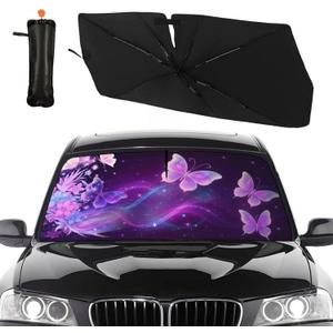 Butterfly Flowers Car Windshield Sun Shade Umbrella Bendable Handle Foldable Funny Sunshade for Car Windshield Block UV Rays Keep Vehicle Cool for Most Sedans SUV Trucks Cars 57"x30"