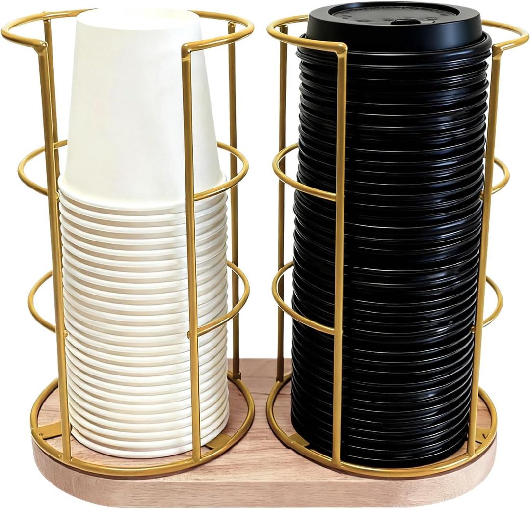 Lurockie Metal 2-Compartment Coffee Cup Dispenser with Wood Base, Disposable Cup, and Lid Organizer for Countertop, Suitable for Gyms, Offices, Kitchens, CafesLight Gold