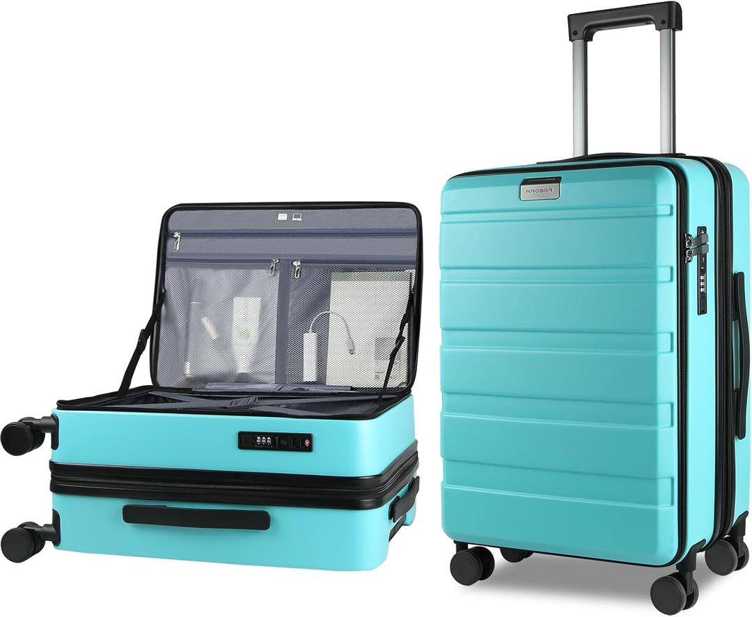 KROSER Carry On Luggage with Spinner Wheels & Built-in TSA Lock, Expandable Top Opening Hard Shell Suitcase Large Capacity Durable Rolling Luggage with USB Port, Carry-On 20-Inch, Lake Blue