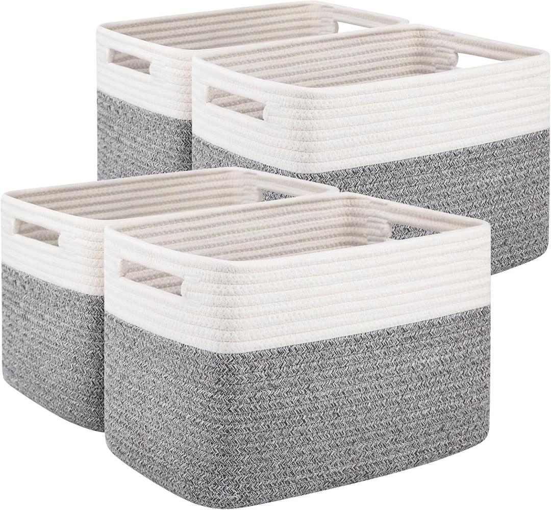 OIAHOMY 4 Pack Storage Baskets for Organizing, Basket for Shelves with Handle, Woven Baskets for Storage Toys, Towels, Books, Cotton Rope Basket 13" L x 9 " W x 7.8 " H, Grey & White