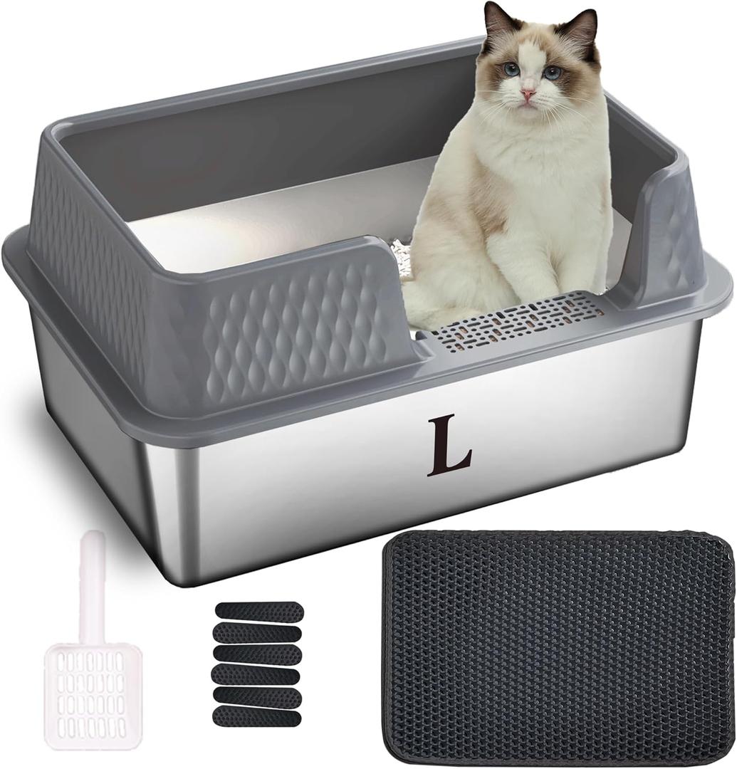 Suhaco Small Stainless Steel Litter Box Side Entry High Walls Deep Kitty Litter Boxes with High Side Removable Lid, Litter Mat and Scoop Included for Medium Cats (Grey)