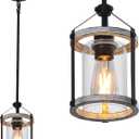 Farmhouse Glass Pendant Light Fixtures,Wood Pendant Light,Adjustable Rustic Farmhouse Pendant Light for Foyer, Sink, Kitchen Island, Porch (1 Light)