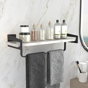 XZHXFX Marble Bathroom Shelf with Towel Bar, 16" Metal Modern Floating Shelf Wall Mount for Bathroom Wall Shelf(Black) XZHXFX Marble Bathroom Shelf with Towel Bar, 16" Metal Modern Floating Shelf Wall Mount for Bathroom Wall Shelf(Black)