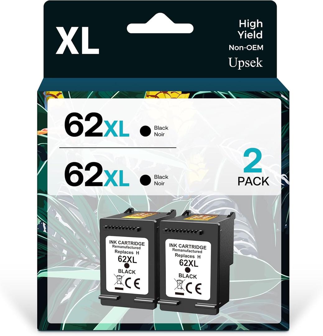 Remanufacture 62XL Black Ink Cartridge Replacement for HP Ink 62 XL with HP Envy 5660 7640 5540 5640 5541 5643 7643 7645 (2-Pack Black)