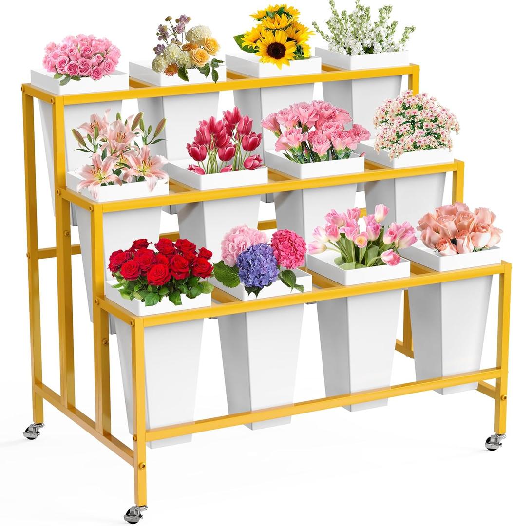 Flower Display Stand with 12 Buckets, Flower Cart 3 Layers Gold Metal Flower Bar Stand with Wheels, Moving Florist Bouquet Shelf for Weddings Florist Indoor Outdoor Patio Garden Living Room