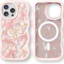 Bouvardia for iPhone 16 Pro Max Case - Pink Wavy Shockproof Frame & Pink Bow Dance Pattern - Compatible with Magsafe - Anesthetic Cute Design for Women and Girls