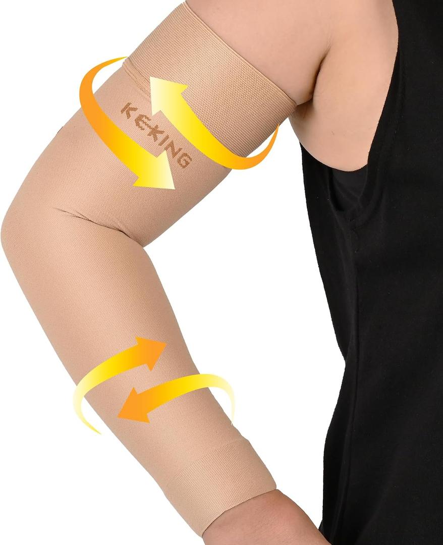 KEKING Lymphedema Compression Arm Sleeves with Silicone Band for Men Women (Pair), 15-20 mmHg Compression Full Arm Support for Lipedema, Edema, Post Surgery Recovery, Swelling, Pain Relief, Beige L