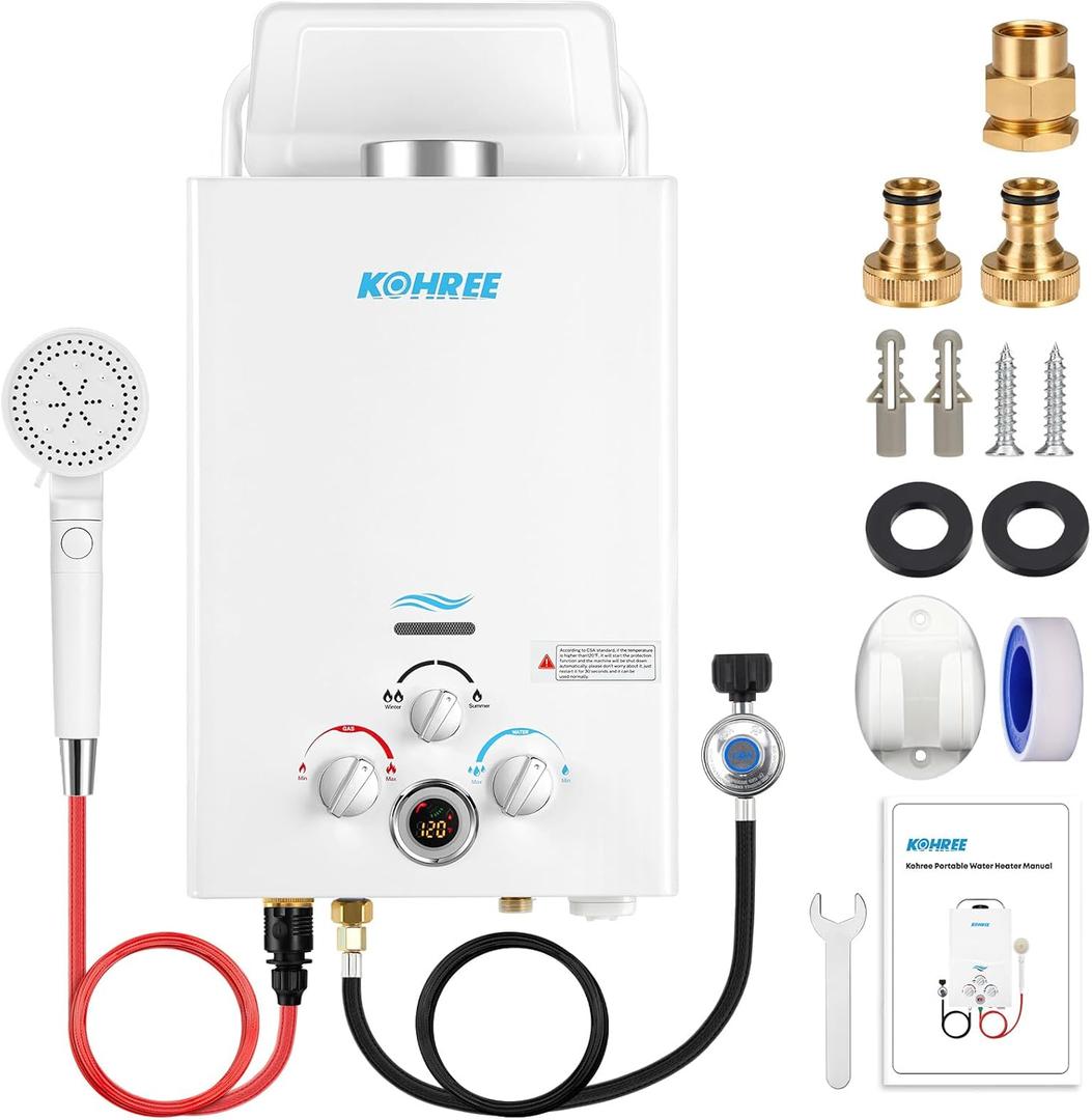 Kohree Tankless Water Heater Propane, 6L 1.58 GPM Portable Tankless Water Heater with Handle, On Demand Instant Hot Water Heater with Overheating Protection, for RV Camping, Outdoor Shower, White