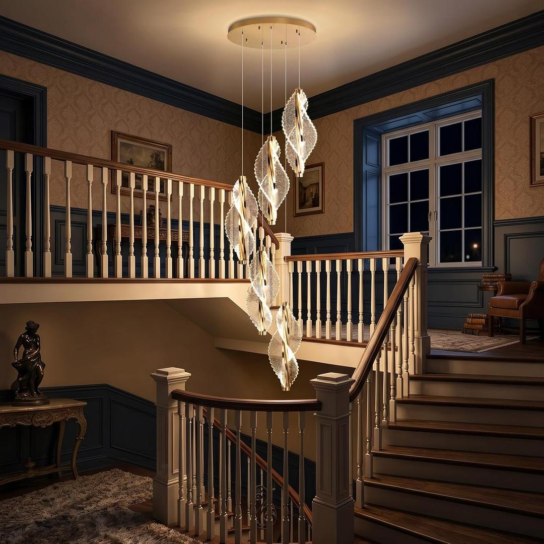 5-Light Gold Modern Chandelier Dimmable Light Fixture High Ceiling Chandelier for Foyer Acrylic Chandeliers Adjustable for Staircase Living Room Enterway Corridor LED Included
