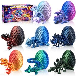 3D Printed Dragon Easter Egg Fillers, 8 Pack 3D Dragon Egg with Dragon Inside, Prefilled Animals Toys Easter Basket Stuffers School Classroom Prizes Party Favors for Kids Boys Girls Teens