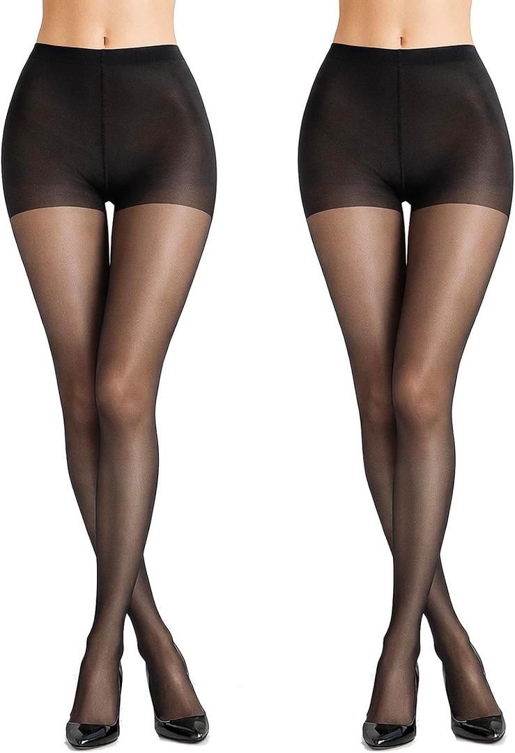 PIOGOWE 2Pack Sheer Tights for Women, 20D Legs, 40D Reinforced Top, Run-Resistant Knit, High-Stretch Waist, Reinforced Toes (Small, Black2 (Classic))