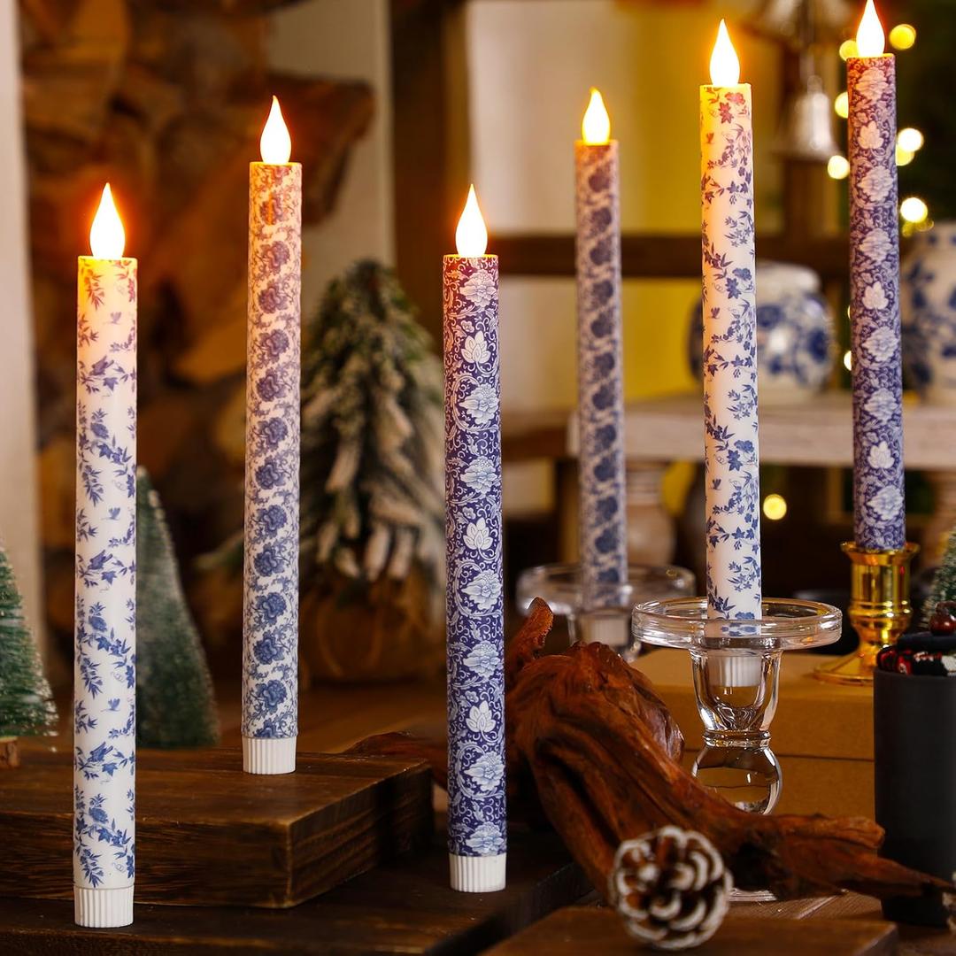 Baquler 6 Pcs Christmas Chinoiserie Flameless Candles 10.6 Inch Blue and White Battery Operated Led Candlesticks Chinoiserie Decor for Christmas Centerpiece Xmas Party Decor Holiday Gifts