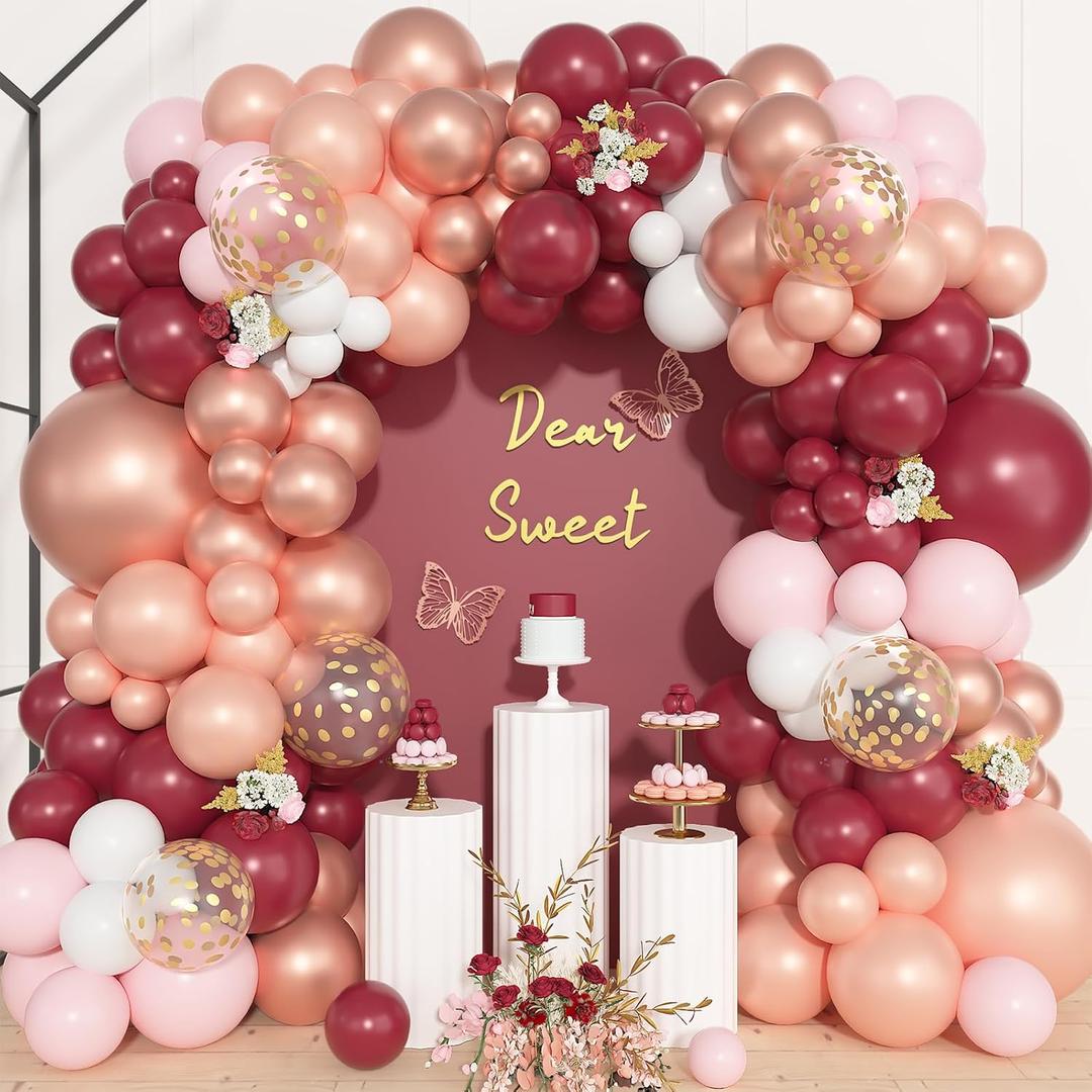 Ouddy Life 157 Pcs Burgundy Rose Gold Balloon Garland Arch Kit, Pink White Metallic Pearl Confetti Latex Balloons for Graduations Wedding Bachelorette Birthday Mothers Day Party Decorations