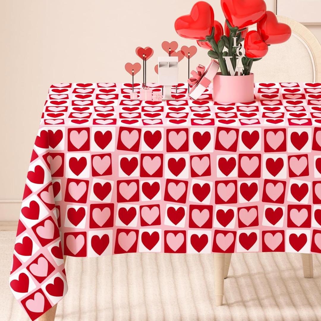 Valentine's Day Rectangle Tablecloth Red Pink Heart Fabric Table Cloth Washable Table Cover for Wedding Anniversary Holiday Picnic, 60 x 104 Inch