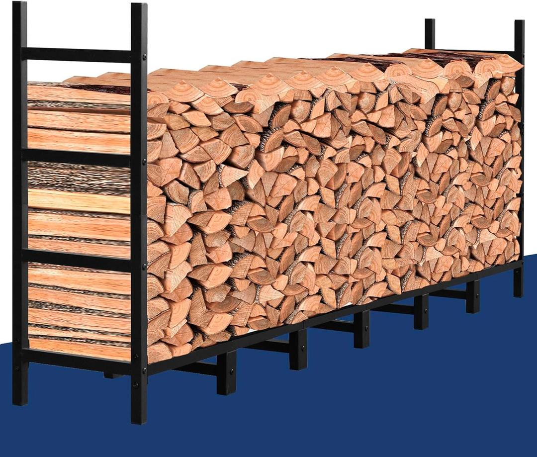 USCNC 8FT Matte Black firewood rack outdoor Indoor Holder for Fireplace Wood StorageOutdoor Indoor Metal Wood Pile Storage Organizer, Patio Logs Stand tool
