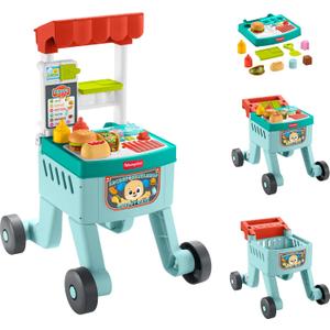 Fisher-Price Baby Push Toy 4-in-1 Snack Cart Walker Learning Activity, 14 Pieces for Pretend Play Infants Ages 6+ Months, Multilanguage Version, Child-size
