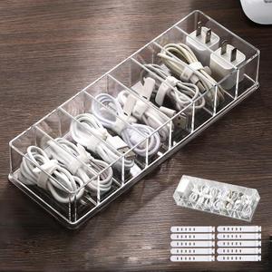 Cable Organizer Kit with 8-Compartment Cord Storage Box (without Lid) and 10 Wire Ties, Clear Plastic Desk Organizer for Cables, Chargers, Accessories for Home Office